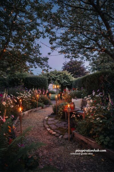 Whimsical nighttime garden with solar tiki torches and fairy lights glowing through trees