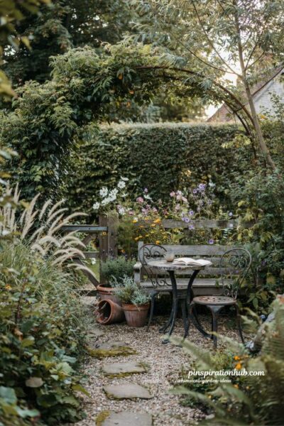 Whimsical secret garden seating nook hidden behind hedges with cozy private retreat