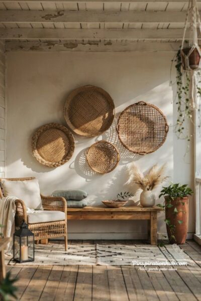 Wicker basket wall art ideas for a cozy boho back porch patio gallery display