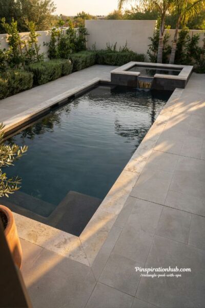 dark bottom rectangle pool and spa combo with matte black finishes and luxury modern reflective water design
