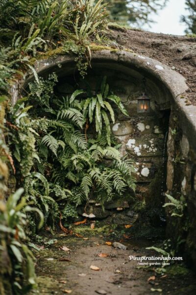 fern grotto garden hollow in shaded bank with moss stone walls and dense woodland ferns creating hidden natural chamber