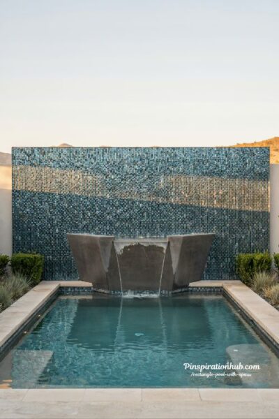 geometric spa with glass tile accent wall modern rectangle pool design with iridescent luxury water feature details