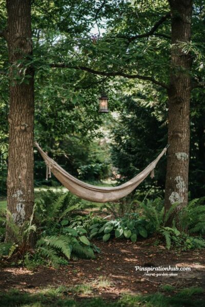 hammock nook under tree canopy with ferns and hostas creating a hidden forest garden retreat