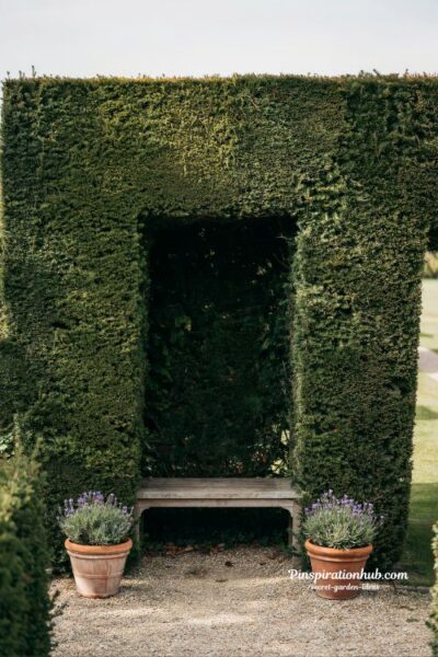 hedge alcove garden bench recessed into yew hedge with lavender pots creating hidden seating nook