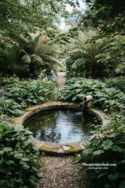hidden garden pool at the end of a trail with stone spout and lush ferns creating a secret water retreat