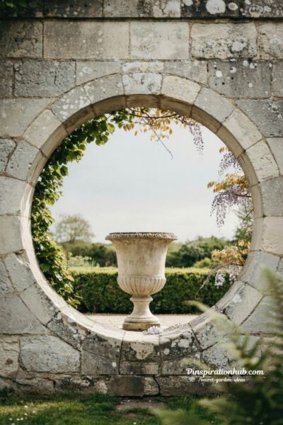 moongate stone garden entrance with circular arch framed by wisteria and centered urn focal point