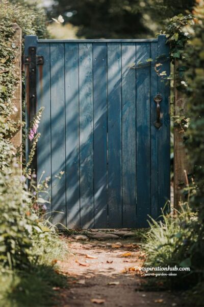 reclaimed peacock blue garden gate with rustic iron hardware and vintage weathered wood entrance