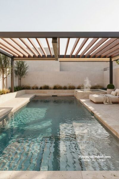 rectangle pool and spa with covered pergola modern luxury backyard design for year round outdoor relaxation