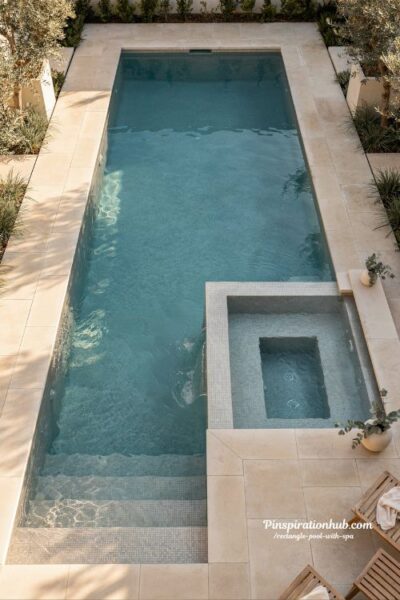 rectangle pool and spa with matching interior finishes cohesive modern backyard design using seamless pebble and tile details