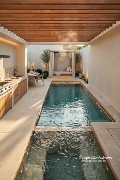 rectangle pool and spa with outdoor kitchen and cabana luxury backyard living space with modern resort style design