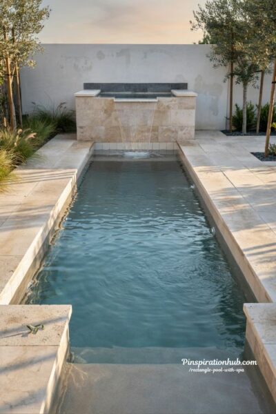 rectangle pool with raised spillover spa modern backyard luxury design with cascading water feature and stone finishes