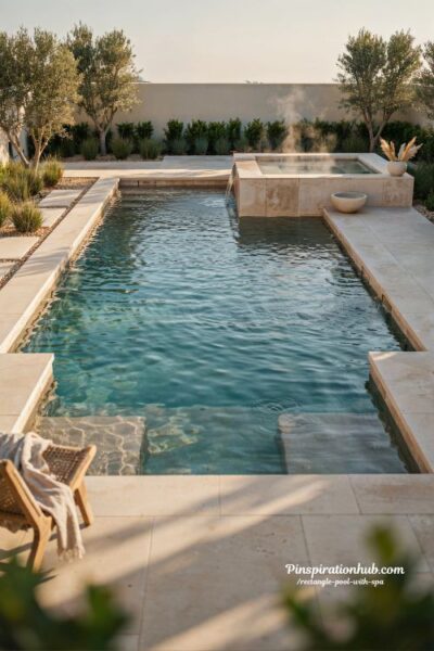 rectangle pool with spa and tanning ledge luxury resort style backyard design with multi zone swimming layout and modern stone finishes