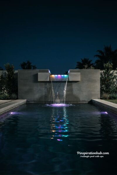 rectangle pool with spa led waterfall night lighting luxury backyard design with glowing water feature and modern resort ambiance