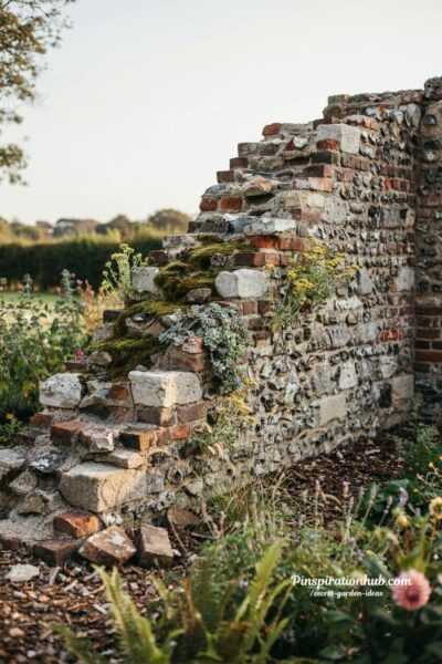 ruined stone garden wall with moss and sedum growing in crevices creating ancient overgrown aesthetic