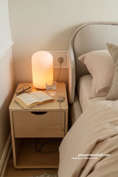 small guest bedroom ideas bedside table with drawer functional nightstand design with storage and warm lighting