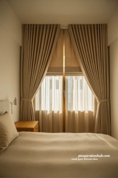 small guest bedroom ideas blackout curtains bedroom design for better sleep with high hung curtains and neutral tones