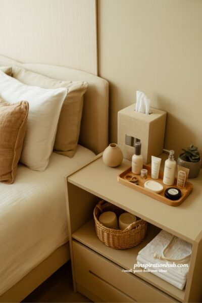 small guest bedroom ideas guest essentials station with organized toiletries woven baskets and clutter free hospitality styling