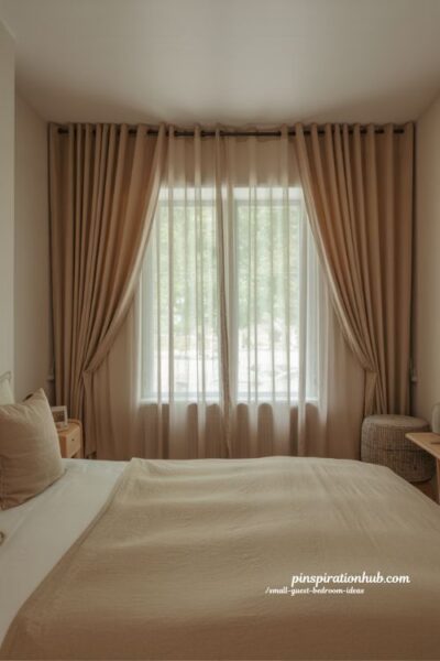 small guest bedroom ideas layered window treatments for privacy blackout curtains and sheer curtain design cozy neutral bedroom styling