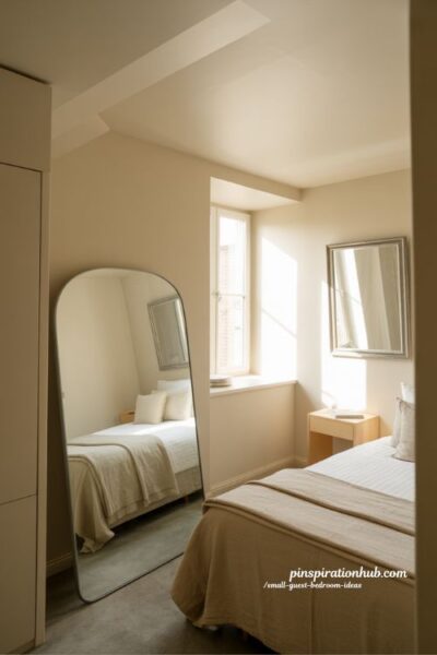 small guest bedroom ideas mirror placement to make small room look bigger with natural light and floor mirror styling