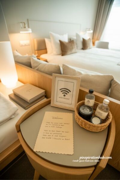 small guest bedroom ideas personal touches welcome basket handwritten note wifi frame cozy hospitality bedroom styling
