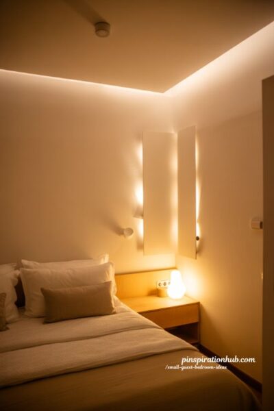 small guest bedroom ideas warm layered lighting design cozy bedside lamp mood lighting with dimmable ambient glow