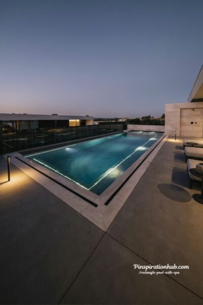 smart controlled rectangle pool and spa with smartphone automation modern luxury backyard design and ambient night lighting