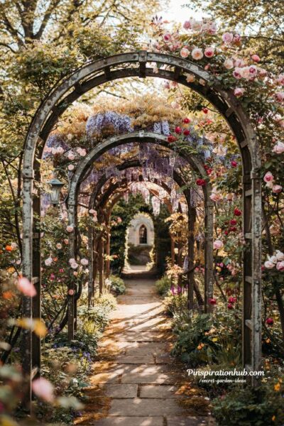 vine covered archway garden with climbing roses and wisteria secret romantic garden tunnel path