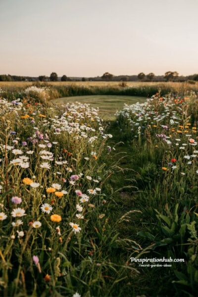 wildflower meadow garden with hidden circular clearing and narrow path through tall grasses and daisies