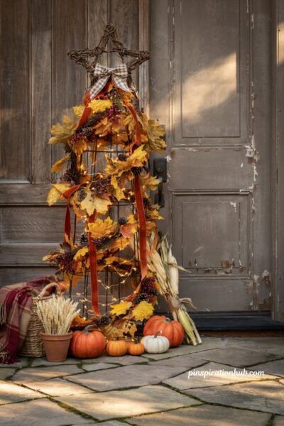 A budget friendly diy fall tomato cage tree with warm lights and orange velvet ribbon on a rustic porch