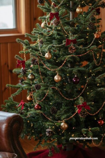 A close-up of a vintage christmas tree with traditional small red bows and glass ornaments in a cozy 1970s den