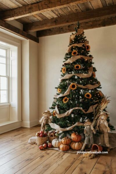 A lush fall christmas tree decorated with angled burgundy burnt orange and gold floral picks in a cozy farmhouse living room