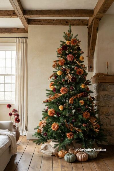 A lush fall christmas tree decorated with angled burgundy burnt orange and gold floral picks in a cozy farmhouse living room