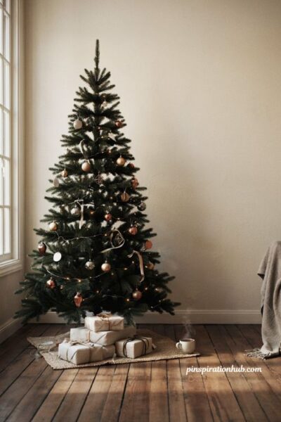 A narrow black pencil christmas tree with simple gold and silver ornaments in a small apartment living room corner.