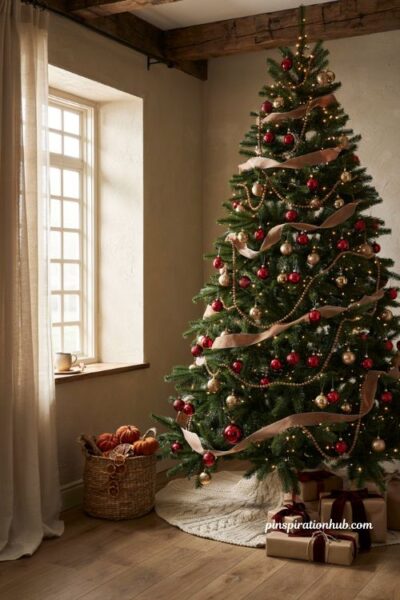 A sunlit farmhouse living room displaying a seasonal transition of a christmas tree decorated with wood bead garland and red and gold ornaments