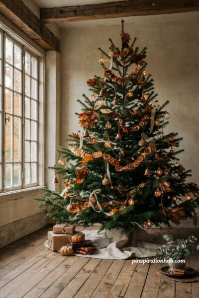A transition christmas tree decorated with fall leaves burnt orange ribbon and copper accents in a farmhouse living room