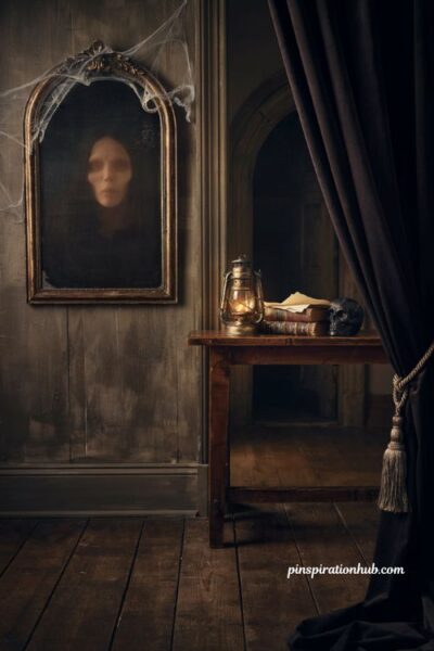 Animated ghost mirror halloween prop in a moody entryway with flickering lantern and cobwebs