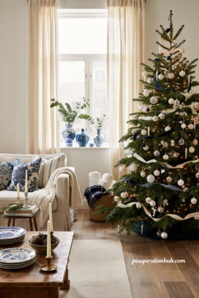 Blue and white porcelain inspired christmas living room color scheme ideas