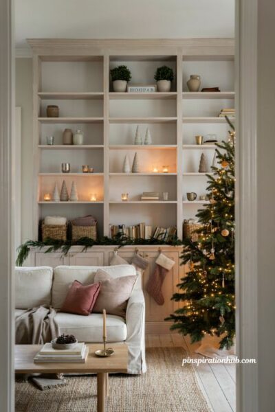 Christmas bookshelf decor ideas with garland stockings and cozy holiday living room styling