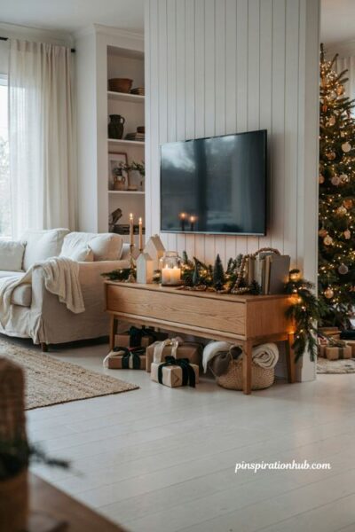 Christmas decor ideas for living room tv console with cozy holiday greenery and elegant styling