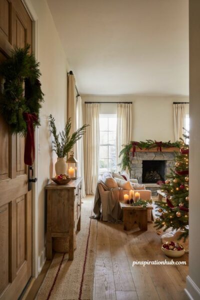 Christmas decor ideas for living rooms with a matching holiday entryway and cohesive seasonal styling