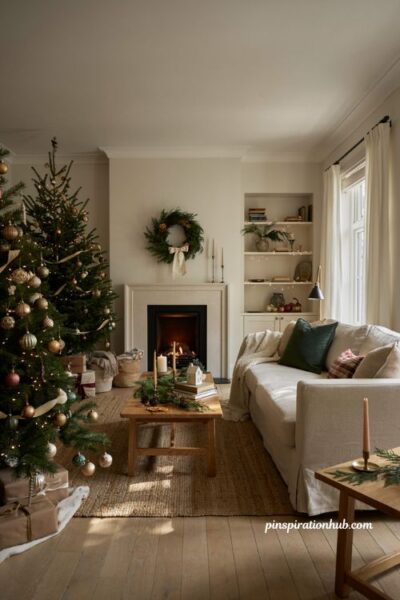 Christmas decor ideas for living rooms with cozy layered lighting and warm holiday styling