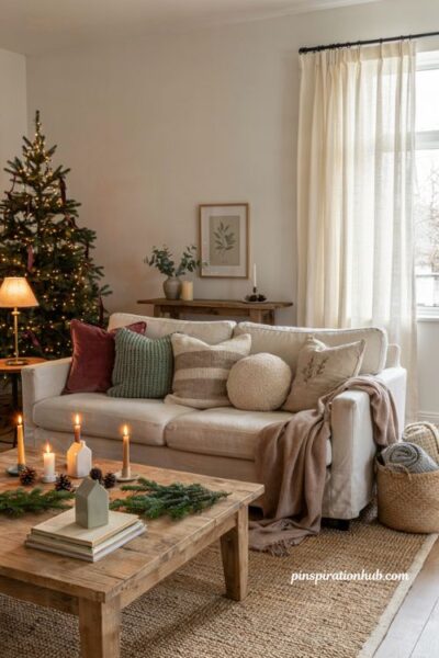 Christmas decor ideas for living rooms with cozy seasonal throw pillow covers and layered textures
