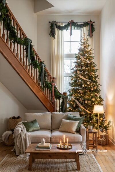 Christmas decor ideas for living rooms with draped garland on staircase and curtain rods