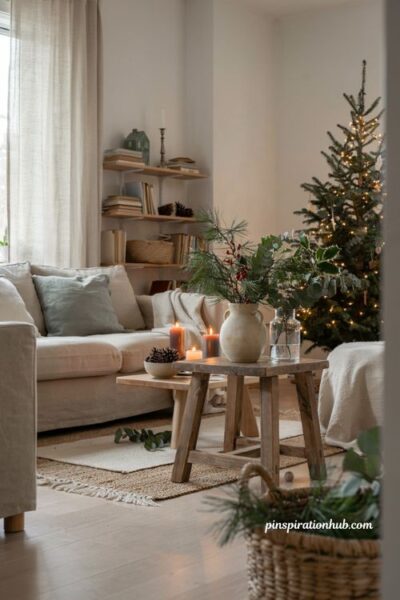 Christmas decor ideas for living rooms with fresh evergreen and eucalyptus vase arrangements