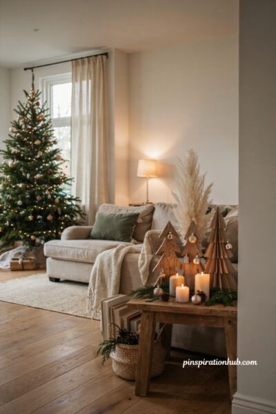 Christmas decor ideas for living rooms with grouped tabletop and mini Christmas trees