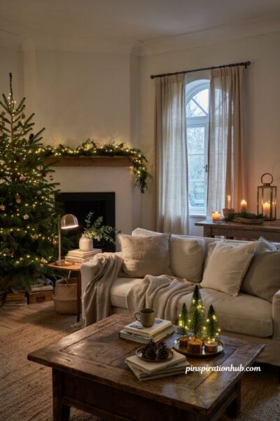 Christmas decor ideas for living rooms with layered ambient holiday lighting and warm white glow