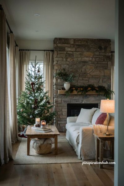 Christmas decor ideas for living rooms with muted sage green and cranberry accents