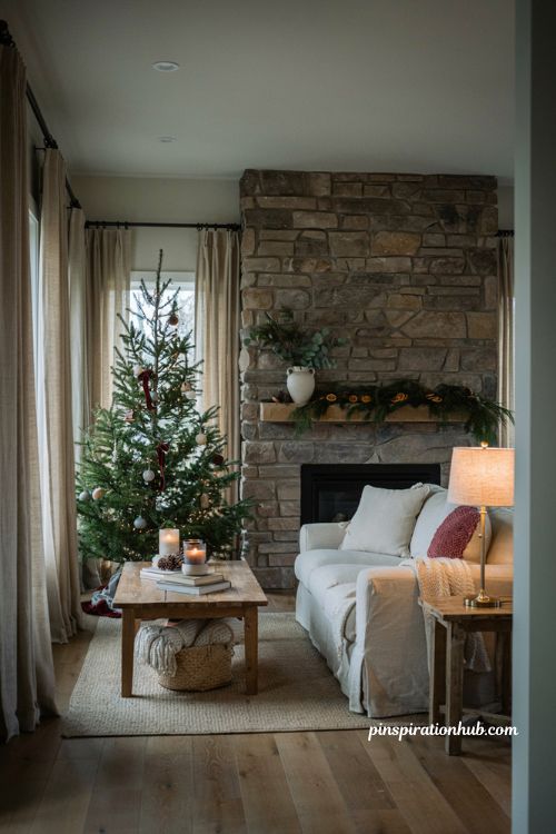 Christmas decor ideas for living rooms with muted sage green and cranberry accents
