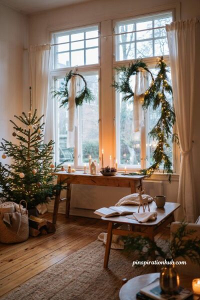 Christmas decor ideas for living rooms with wreaths and asymmetrical garland on windows