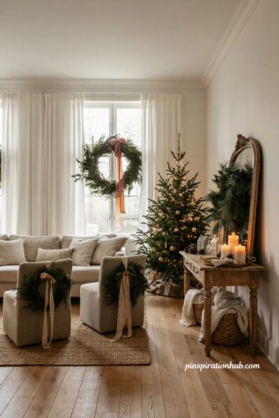 Christmas decor ideas for living rooms with wreaths styled on windows mirrors and accent chairs